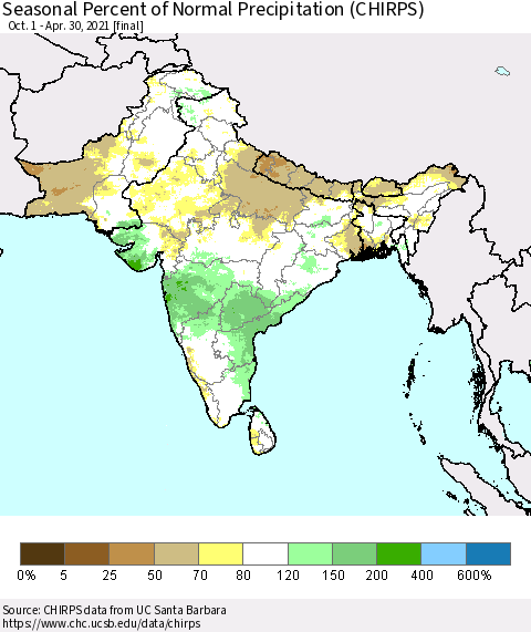 Southern Asia Seasonal Percent of Normal Precipitation (CHIRPS) Thematic Map For 10/1/2020 - 4/30/2021