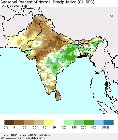 Southern Asia Seasonal Percent of Normal Precipitation (CHIRPS) Thematic Map For 10/1/2020 - 10/10/2020