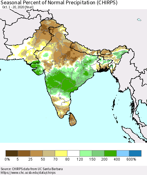 Southern Asia Seasonal Percent of Normal Precipitation (CHIRPS) Thematic Map For 10/1/2020 - 10/20/2020