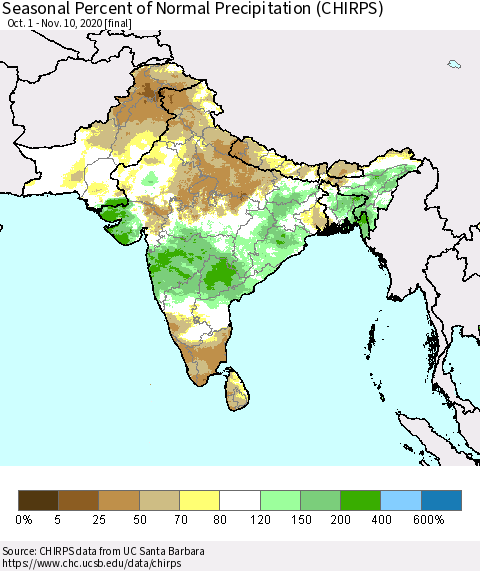 Southern Asia Seasonal Percent of Normal Precipitation (CHIRPS) Thematic Map For 10/1/2020 - 11/10/2020