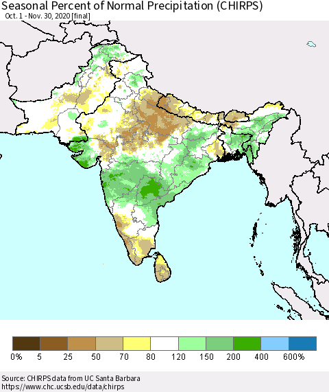 Southern Asia Seasonal Percent of Normal Precipitation (CHIRPS) Thematic Map For 10/1/2020 - 11/30/2020