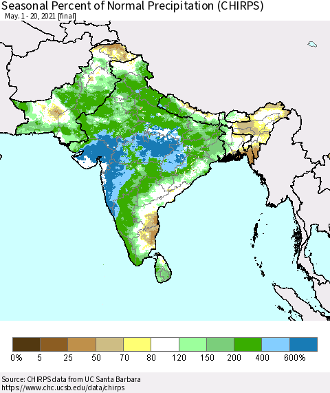 Southern Asia Seasonal Percent of Normal Precipitation (CHIRPS) Thematic Map For 5/1/2021 - 5/20/2021
