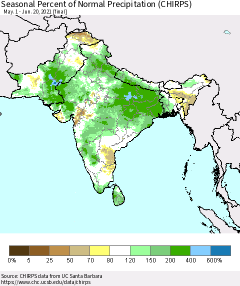Southern Asia Seasonal Percent of Normal Precipitation (CHIRPS) Thematic Map For 5/1/2021 - 6/20/2021