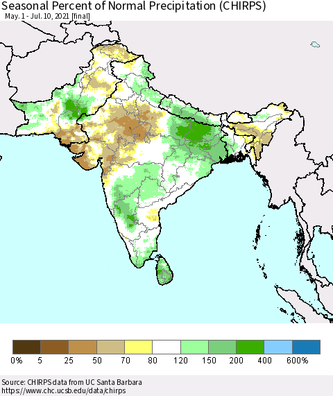 Southern Asia Seasonal Percent of Normal Precipitation (CHIRPS) Thematic Map For 5/1/2021 - 7/10/2021