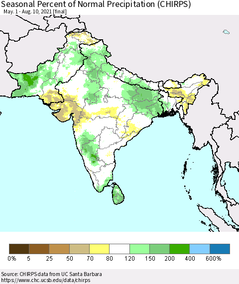 Southern Asia Seasonal Percent of Normal Precipitation (CHIRPS) Thematic Map For 5/1/2021 - 8/10/2021