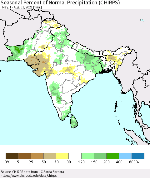 Southern Asia Seasonal Percent of Normal Precipitation (CHIRPS) Thematic Map For 5/1/2021 - 8/31/2021