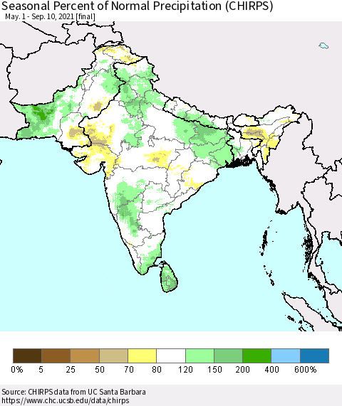 Southern Asia Seasonal Percent of Normal Precipitation (CHIRPS) Thematic Map For 5/1/2021 - 9/10/2021