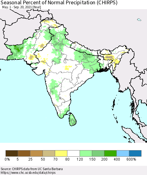 Southern Asia Seasonal Percent of Normal Precipitation (CHIRPS) Thematic Map For 5/1/2021 - 9/20/2021