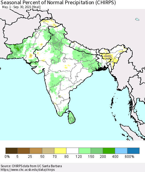Southern Asia Seasonal Percent of Normal Precipitation (CHIRPS) Thematic Map For 5/1/2021 - 9/30/2021
