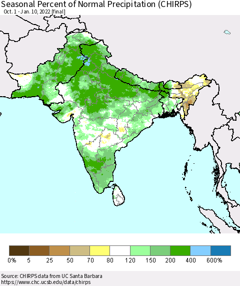 Southern Asia Seasonal Percent of Normal Precipitation (CHIRPS) Thematic Map For 10/1/2021 - 1/10/2022