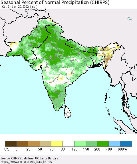 Southern Asia Seasonal Percent of Normal Precipitation (CHIRPS) Thematic Map For 10/1/2021 - 1/20/2022