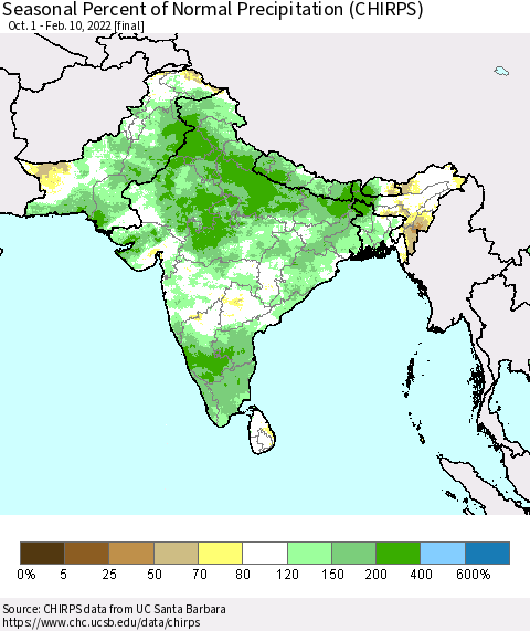 Southern Asia Seasonal Percent of Normal Precipitation (CHIRPS) Thematic Map For 10/1/2021 - 2/10/2022