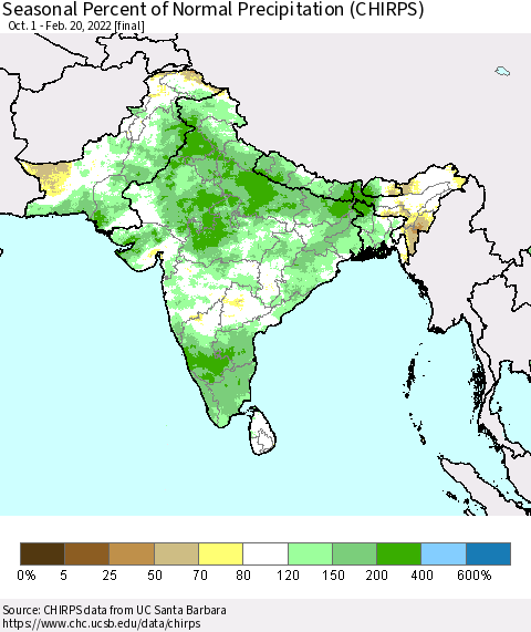 Southern Asia Seasonal Percent of Normal Precipitation (CHIRPS) Thematic Map For 10/1/2021 - 2/20/2022