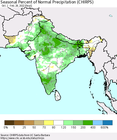 Southern Asia Seasonal Percent of Normal Precipitation (CHIRPS) Thematic Map For 10/1/2021 - 2/28/2022