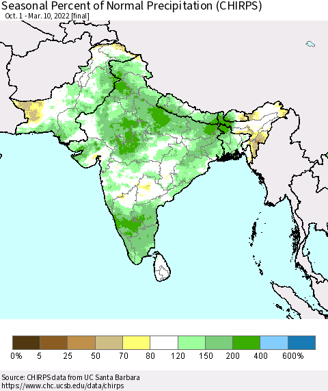 Southern Asia Seasonal Percent of Normal Precipitation (CHIRPS) Thematic Map For 10/1/2021 - 3/10/2022