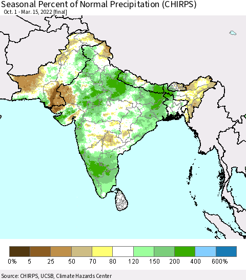 Southern Asia Seasonal Percent of Normal Precipitation (CHIRPS) Thematic Map For 10/1/2021 - 3/15/2022