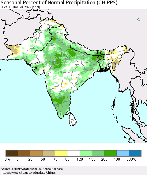 Southern Asia Seasonal Percent of Normal Precipitation (CHIRPS) Thematic Map For 10/1/2021 - 3/20/2022