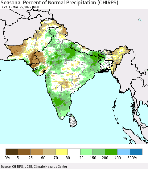 Southern Asia Seasonal Percent of Normal Precipitation (CHIRPS) Thematic Map For 10/1/2021 - 3/25/2022
