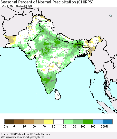 Southern Asia Seasonal Percent of Normal Precipitation (CHIRPS) Thematic Map For 10/1/2021 - 3/31/2022