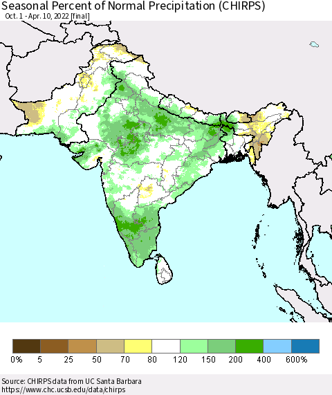 Southern Asia Seasonal Percent of Normal Precipitation (CHIRPS) Thematic Map For 10/1/2021 - 4/10/2022