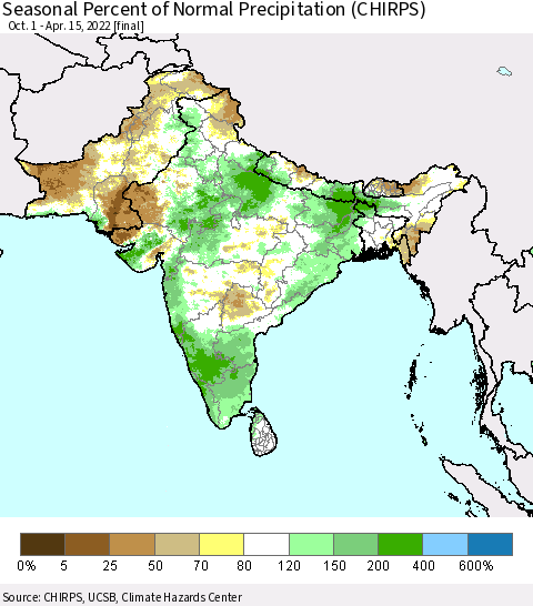 Southern Asia Seasonal Percent of Normal Precipitation (CHIRPS) Thematic Map For 10/1/2021 - 4/15/2022