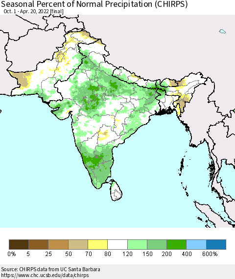 Southern Asia Seasonal Percent of Normal Precipitation (CHIRPS) Thematic Map For 10/1/2021 - 4/20/2022