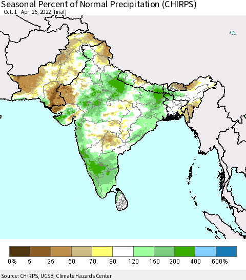 Southern Asia Seasonal Percent of Normal Precipitation (CHIRPS) Thematic Map For 10/1/2021 - 4/25/2022
