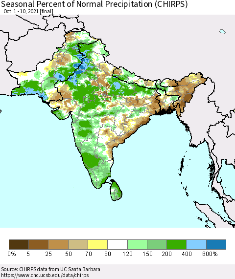 Southern Asia Seasonal Percent of Normal Precipitation (CHIRPS) Thematic Map For 10/1/2021 - 10/10/2021