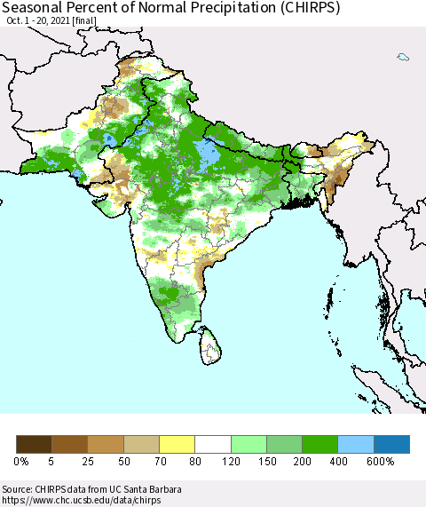 Southern Asia Seasonal Percent of Normal Precipitation (CHIRPS) Thematic Map For 10/1/2021 - 10/20/2021