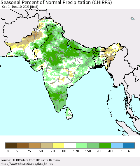 Southern Asia Seasonal Percent of Normal Precipitation (CHIRPS) Thematic Map For 10/1/2021 - 12/10/2021