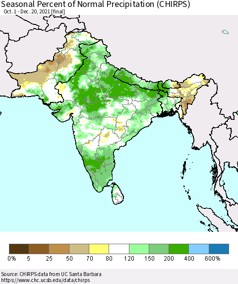 Southern Asia Seasonal Percent of Normal Precipitation (CHIRPS) Thematic Map For 10/1/2021 - 12/20/2021