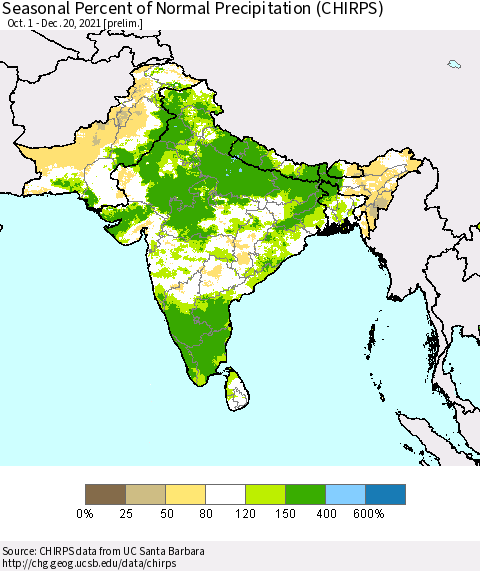 Southern Asia Seasonal Percent of Normal Precipitation (CHIRPS) Thematic Map For 10/1/2021 - 12/20/2021