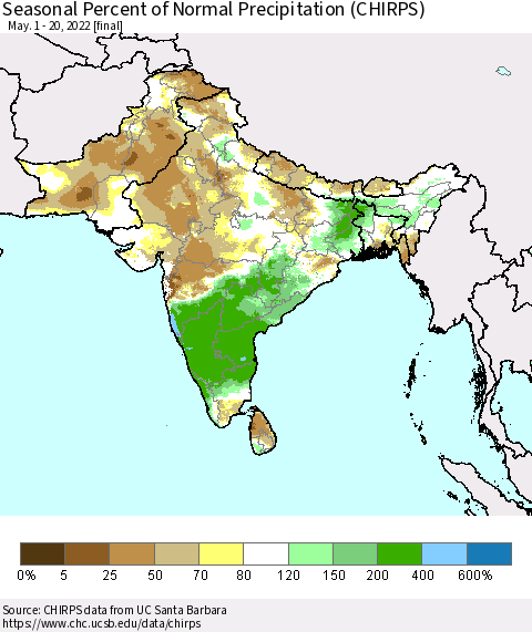 Southern Asia Seasonal Percent of Normal Precipitation (CHIRPS) Thematic Map For 5/1/2022 - 5/20/2022