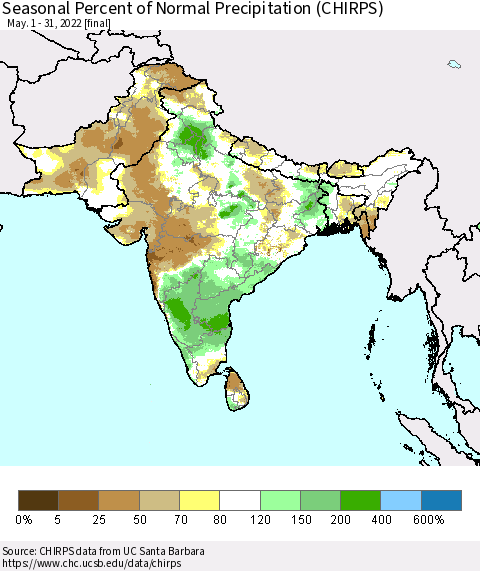 Southern Asia Seasonal Percent of Normal Precipitation (CHIRPS) Thematic Map For 5/1/2022 - 5/31/2022