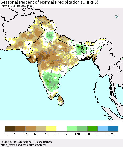 Southern Asia Seasonal Percent of Normal Precipitation (CHIRPS) Thematic Map For 5/1/2022 - 6/10/2022