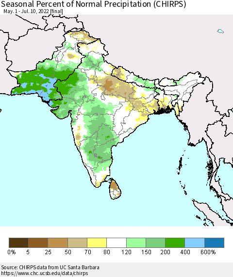Southern Asia Seasonal Percent of Normal Precipitation (CHIRPS) Thematic Map For 5/1/2022 - 7/10/2022