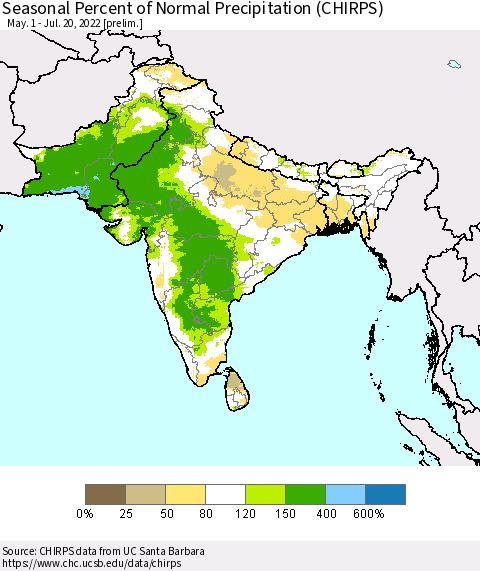 Southern Asia Seasonal Percent of Normal Precipitation (CHIRPS) Thematic Map For 5/1/2022 - 7/20/2022