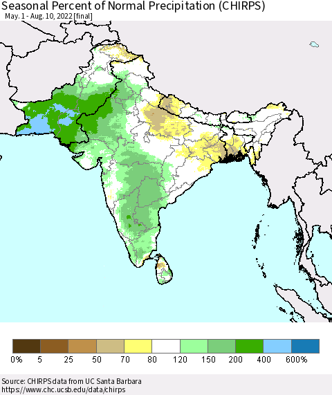 Southern Asia Seasonal Percent of Normal Precipitation (CHIRPS) Thematic Map For 5/1/2022 - 8/10/2022