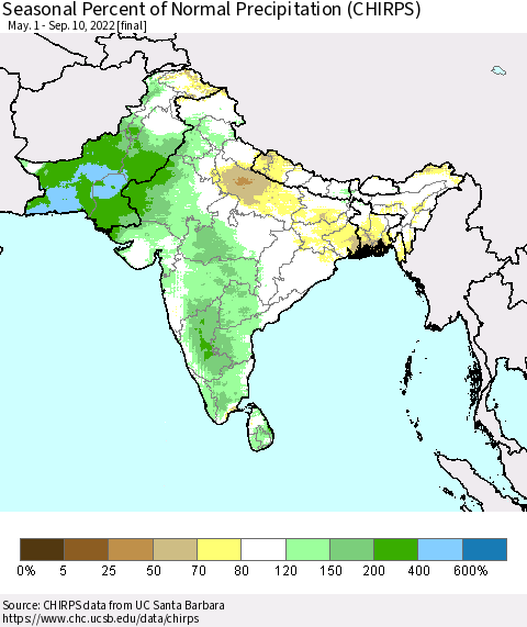 Southern Asia Seasonal Percent of Normal Precipitation (CHIRPS) Thematic Map For 5/1/2022 - 9/10/2022