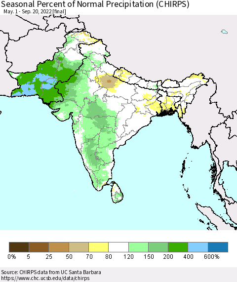Southern Asia Seasonal Percent of Normal Precipitation (CHIRPS) Thematic Map For 5/1/2022 - 9/20/2022