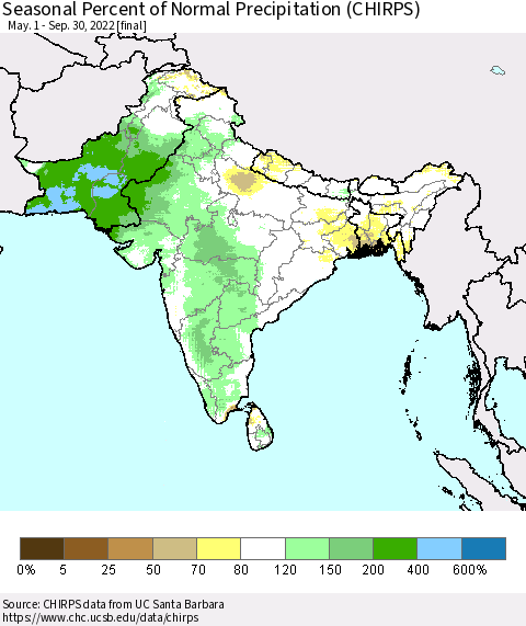 Southern Asia Seasonal Percent of Normal Precipitation (CHIRPS) Thematic Map For 5/1/2022 - 9/30/2022
