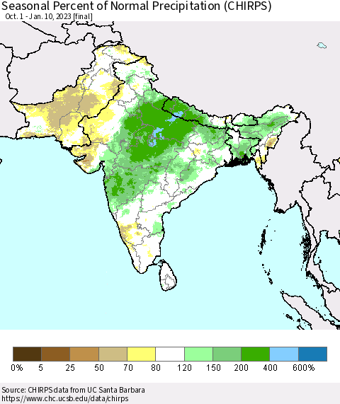 Southern Asia Seasonal Percent of Normal Precipitation (CHIRPS) Thematic Map For 10/1/2022 - 1/10/2023