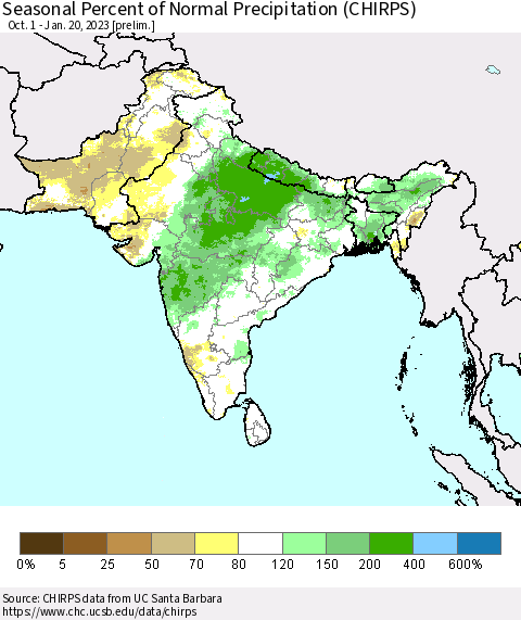 Southern Asia Seasonal Percent of Normal Precipitation (CHIRPS) Thematic Map For 10/1/2022 - 1/20/2023