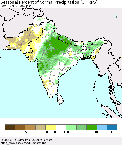 Southern Asia Seasonal Percent of Normal Precipitation (CHIRPS) Thematic Map For 10/1/2022 - 1/31/2023