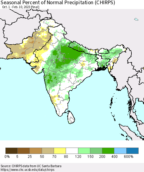 Southern Asia Seasonal Percent of Normal Precipitation (CHIRPS) Thematic Map For 10/1/2022 - 2/10/2023