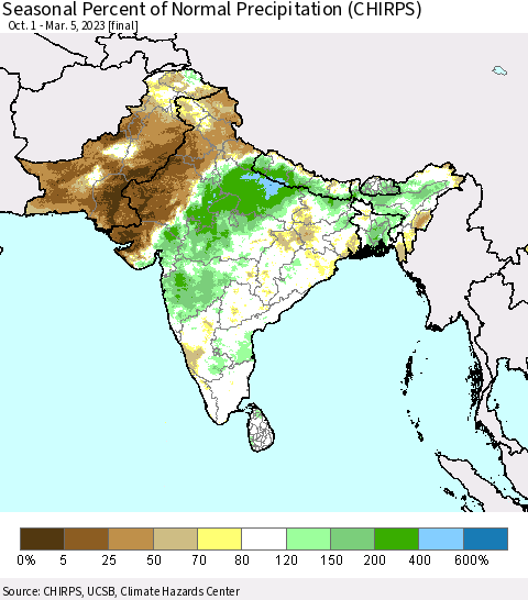 Southern Asia Seasonal Percent of Normal Precipitation (CHIRPS) Thematic Map For 10/1/2022 - 3/5/2023