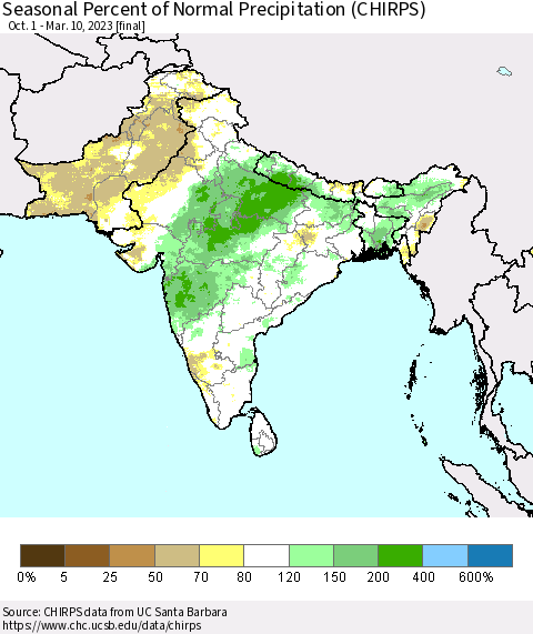 Southern Asia Seasonal Percent of Normal Precipitation (CHIRPS) Thematic Map For 10/1/2022 - 3/10/2023