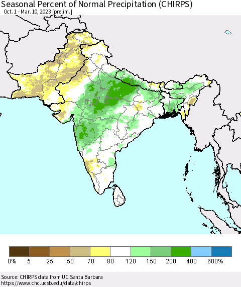 Southern Asia Seasonal Percent of Normal Precipitation (CHIRPS) Thematic Map For 10/1/2022 - 3/10/2023