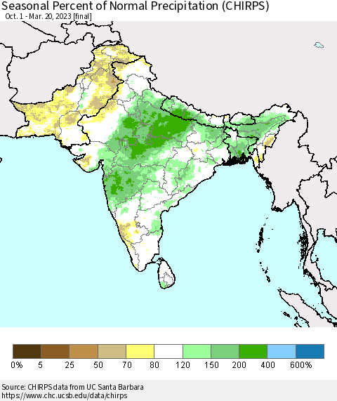 Southern Asia Seasonal Percent of Normal Precipitation (CHIRPS) Thematic Map For 10/1/2022 - 3/20/2023