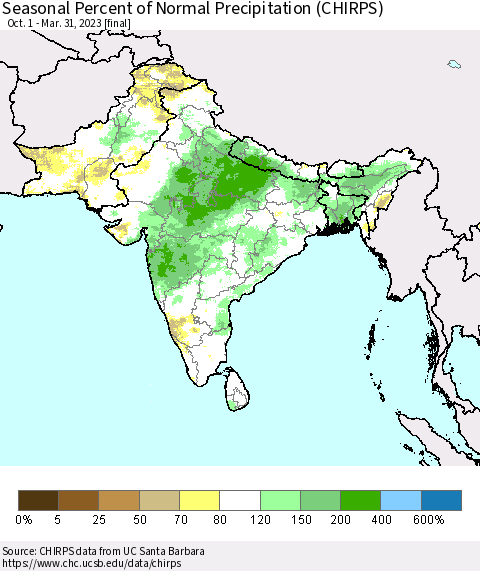 Southern Asia Seasonal Percent of Normal Precipitation (CHIRPS) Thematic Map For 10/1/2022 - 3/31/2023